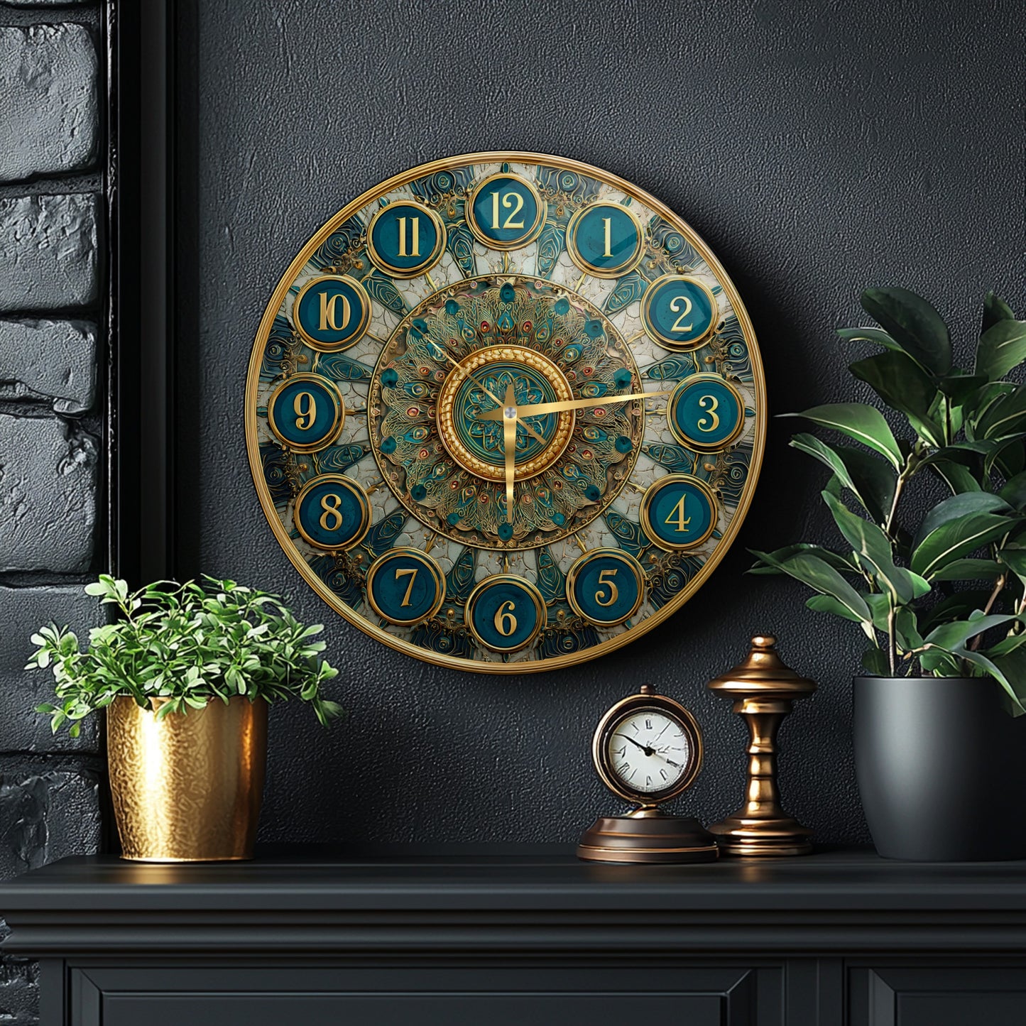 Yeşil Gold  Desen Cam Duvar Saati