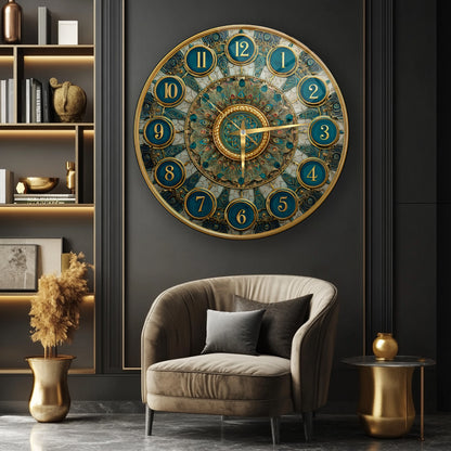 Yeşil Gold  Desen Cam Duvar Saati