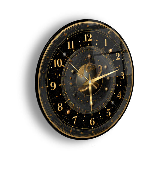Siyah Gold Gezegen Cam Duvar Saati