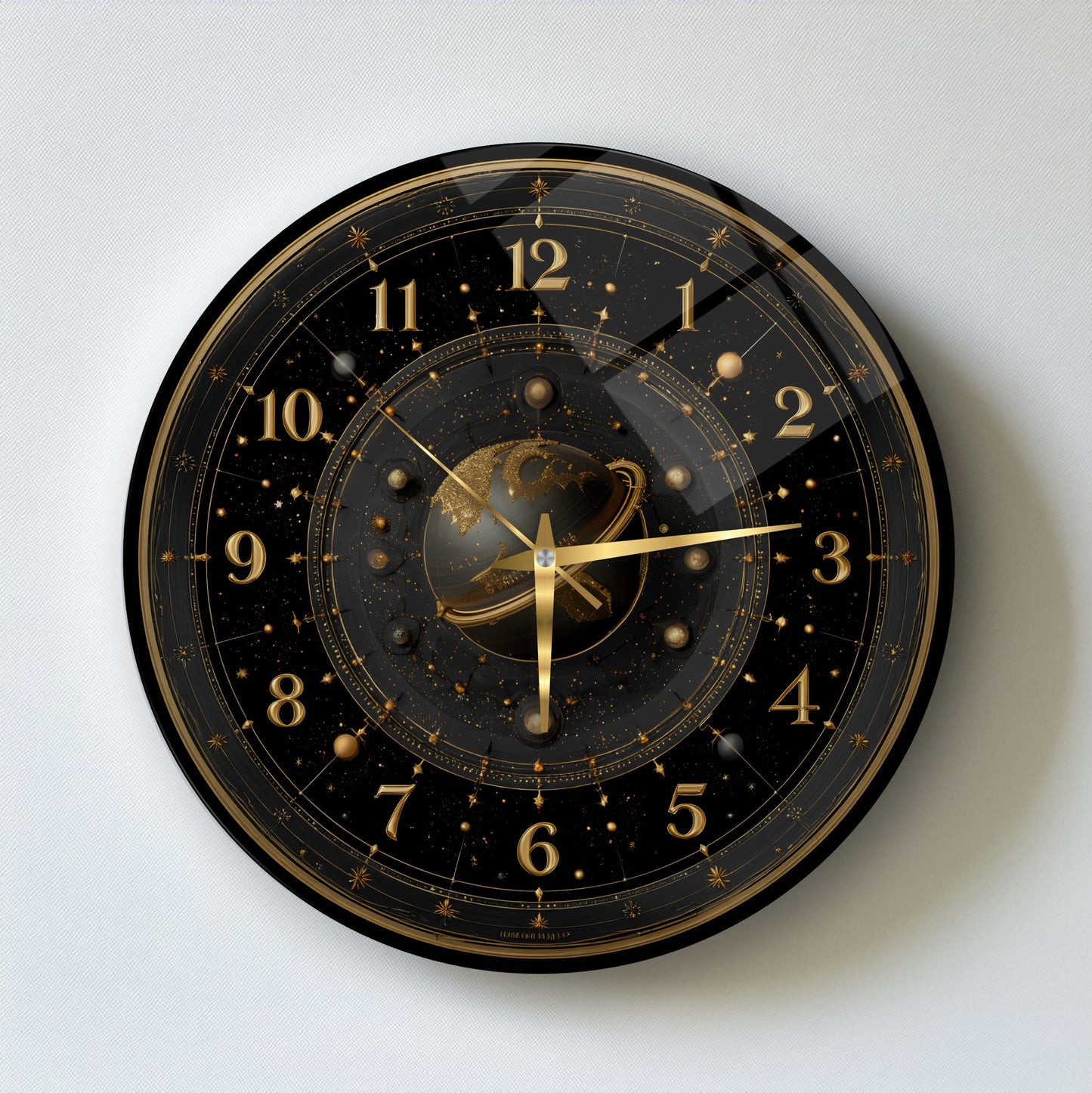 Siyah Gold Gezegen Cam Duvar Saati