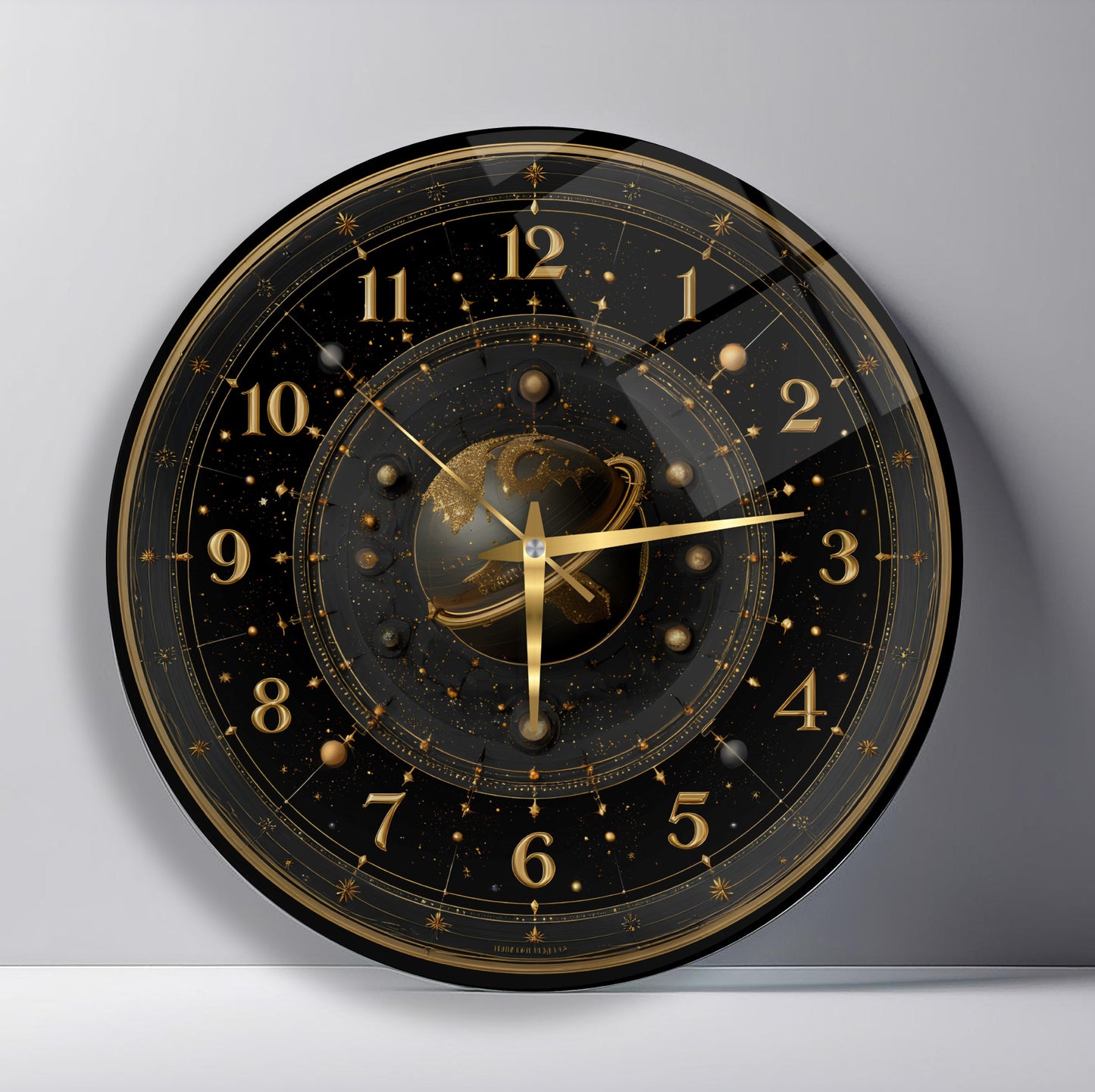 Siyah Gold Gezegen Cam Duvar Saati
