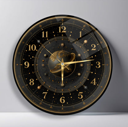 Siyah Gold Gezegen Cam Duvar Saati