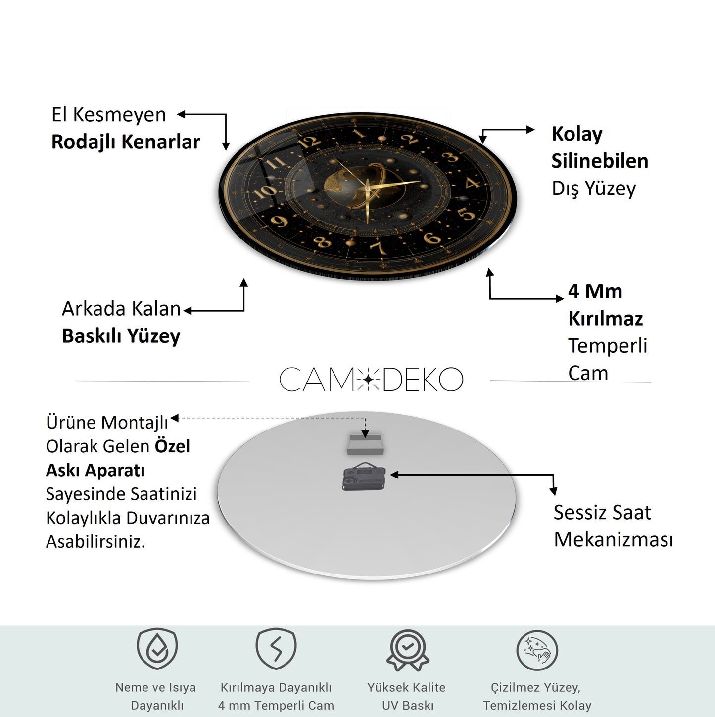 Siyah Gold Gezegen Cam Duvar Saati