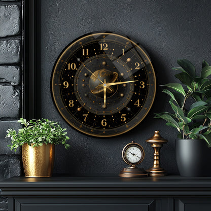 Siyah Gold Gezegen Cam Duvar Saati