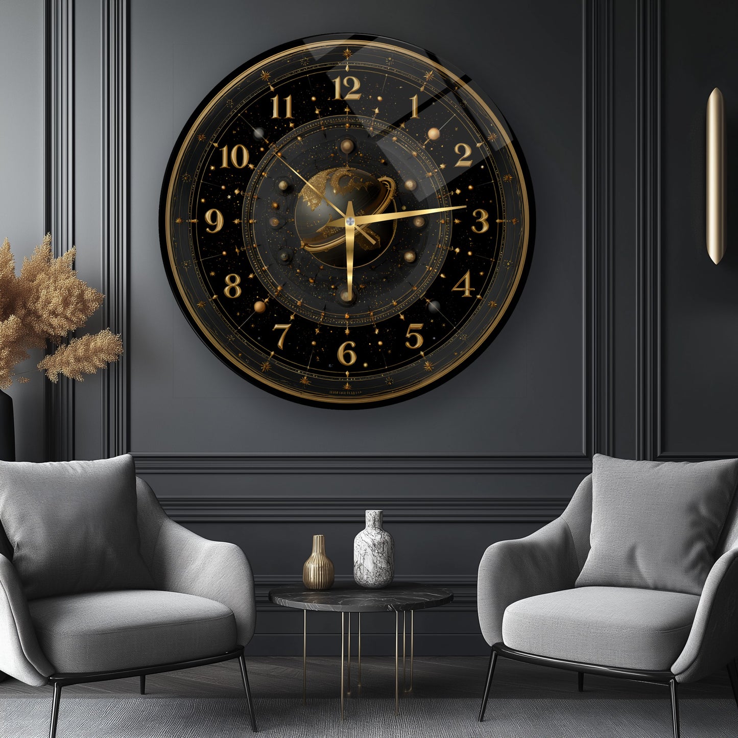 Siyah Gold Gezegen Cam Duvar Saati