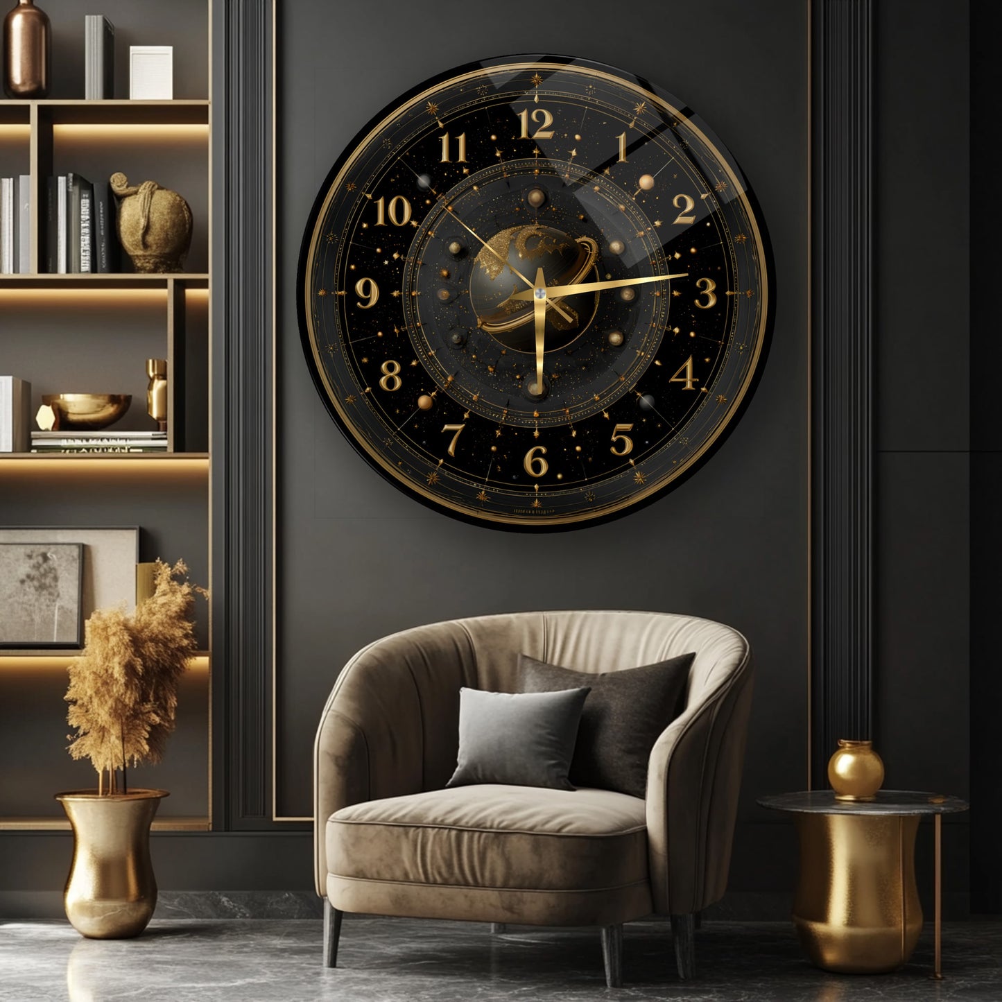 Siyah Gold Gezegen Cam Duvar Saati