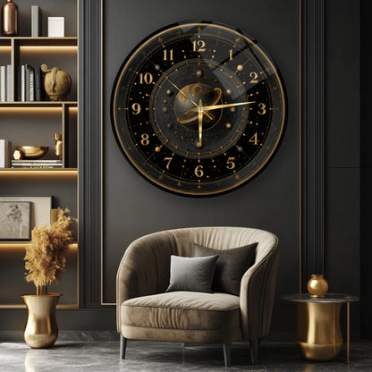 Siyah Gold Gezegen Cam Duvar Saati