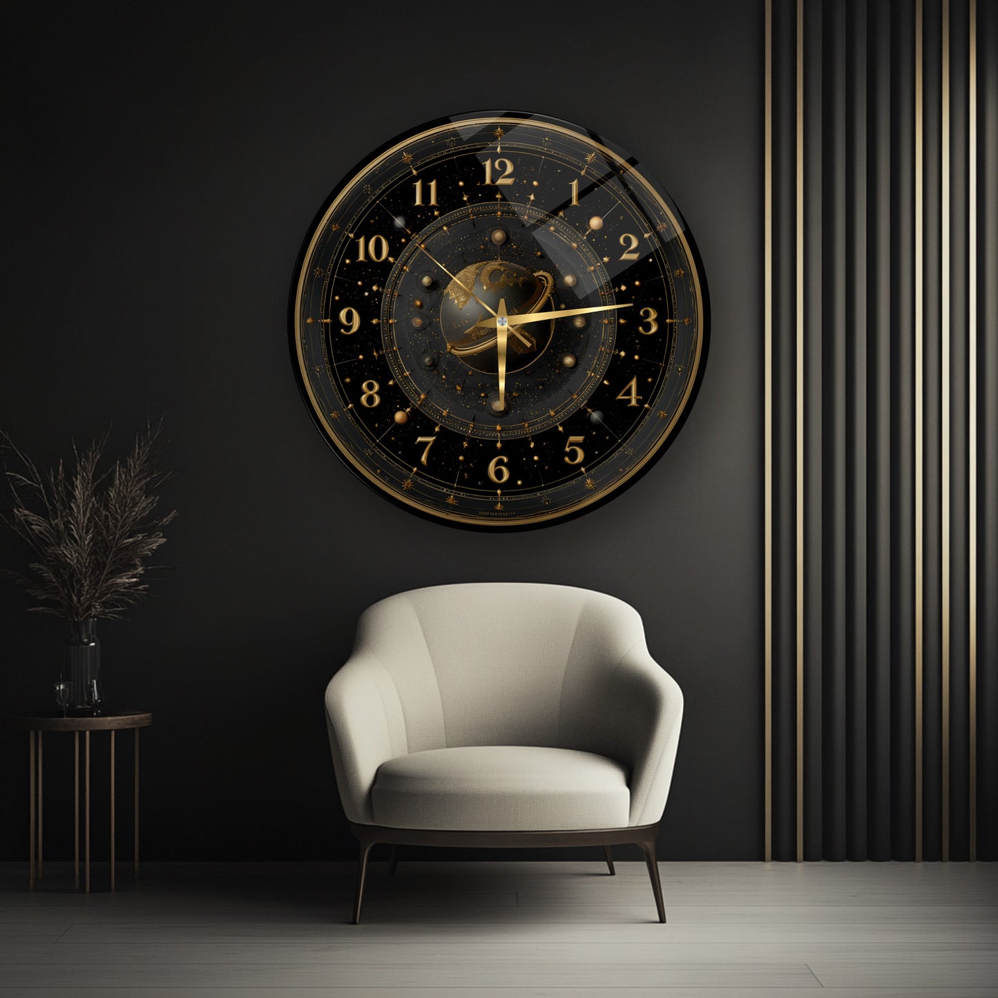 Siyah Gold Gezegen Cam Duvar Saati