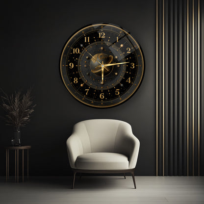 Siyah Gold Gezegen Cam Duvar Saati