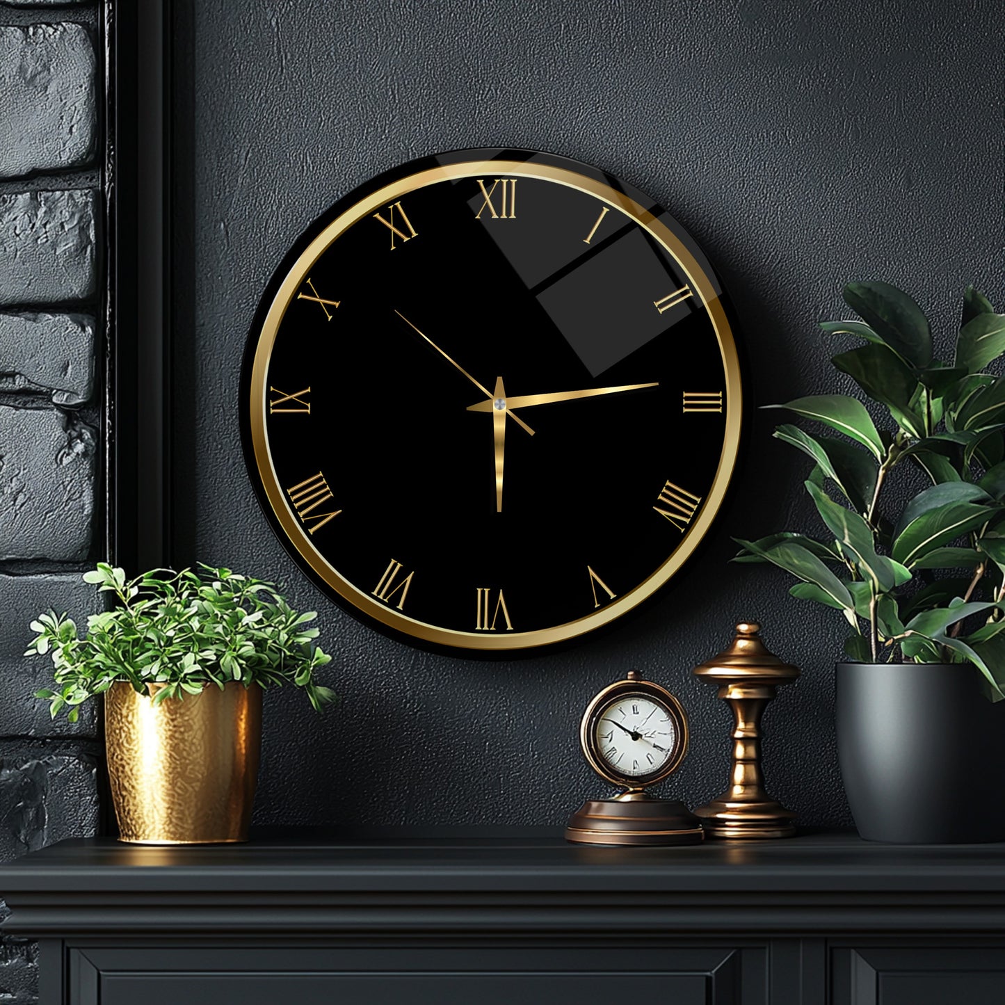 Gold Siyah Cam Duvar Saati