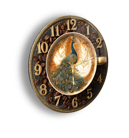 Kahve Çekirdekli Tavus Kuşu Cam Duvar Saati