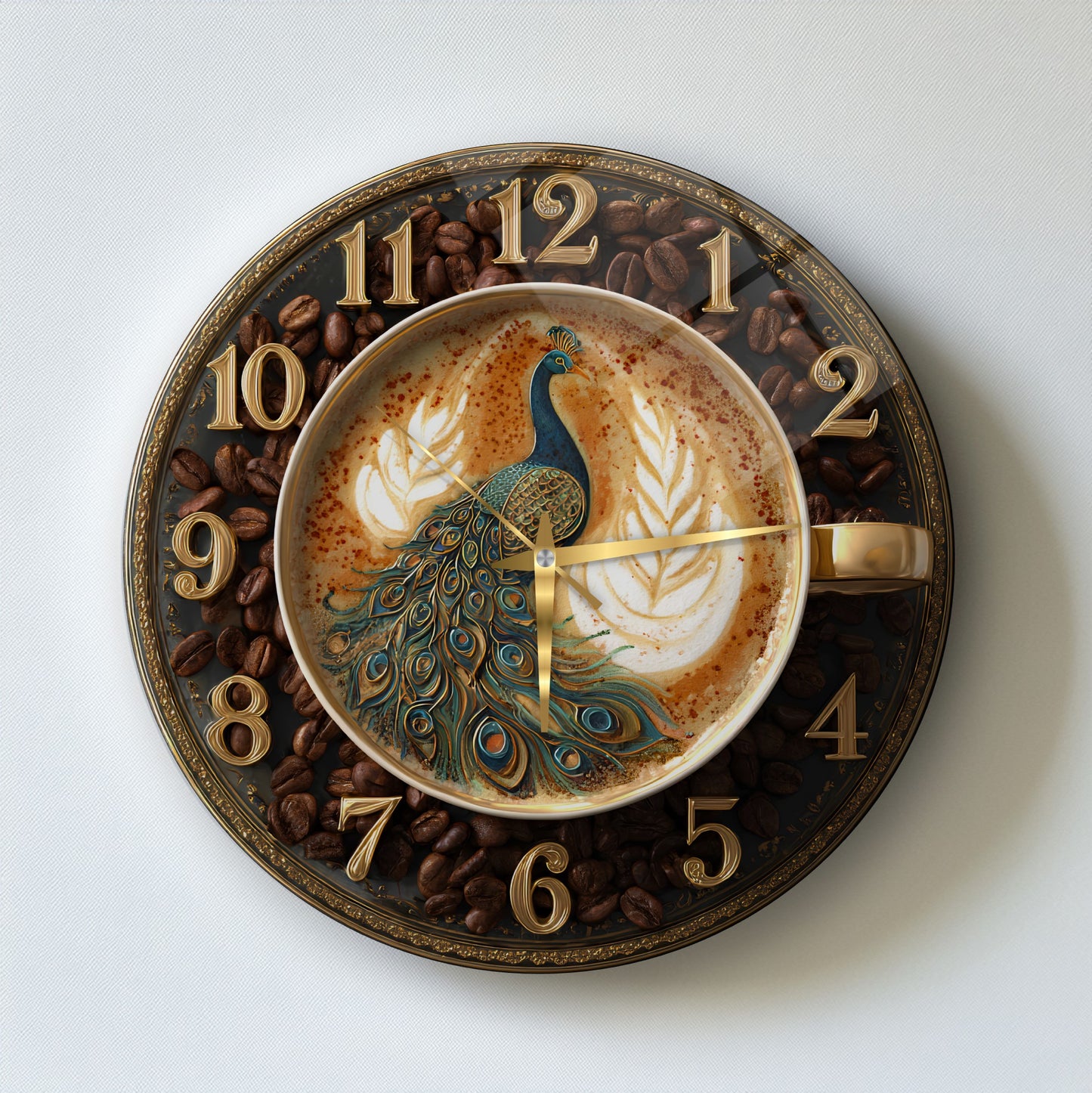 Kahve Çekirdekli Tavus Kuşu Cam Duvar Saati