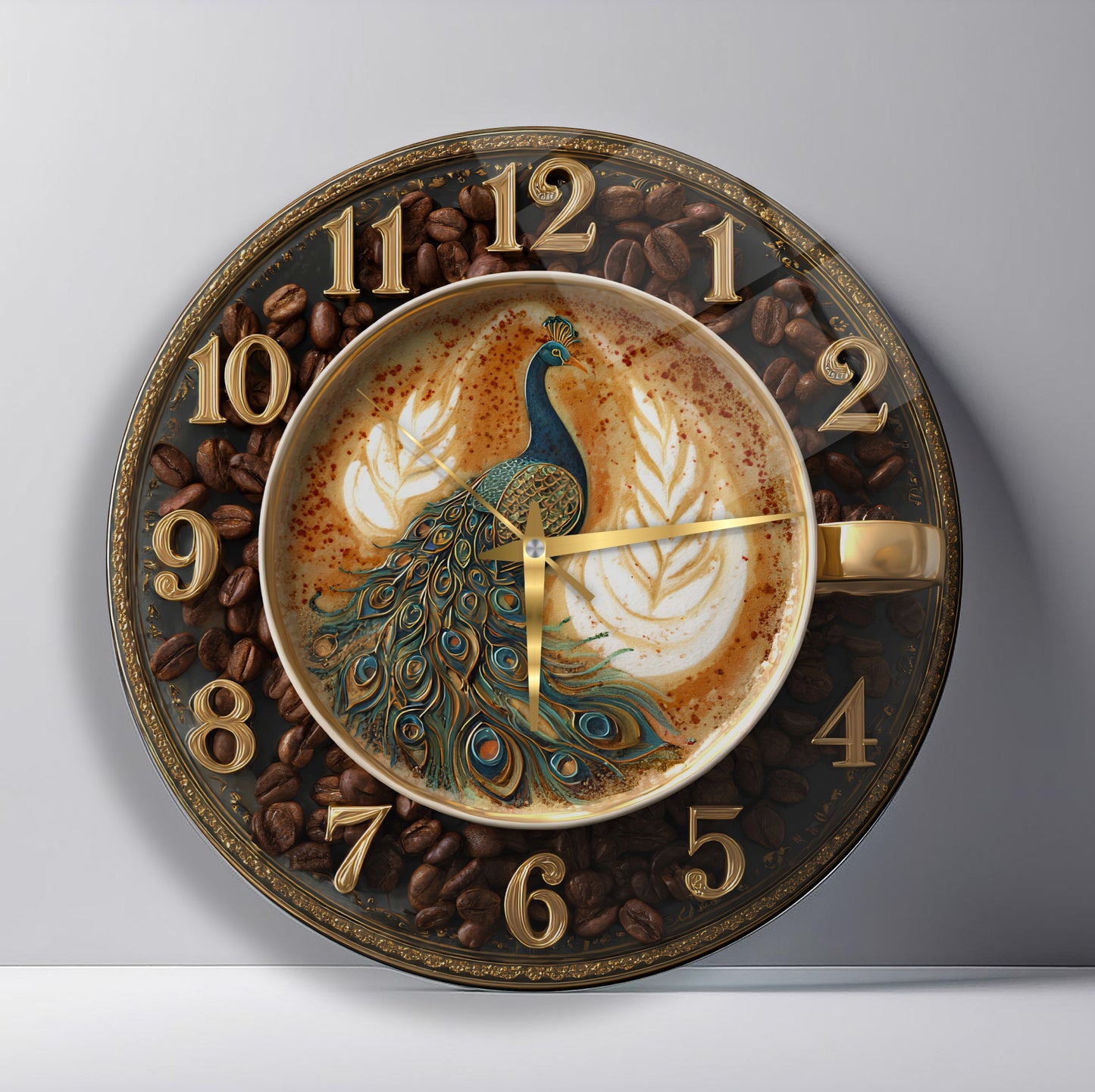 Kahve Çekirdekli Tavus Kuşu Cam Duvar Saati