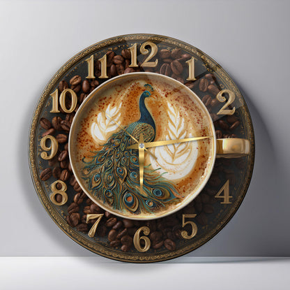 Kahve Çekirdekli Tavus Kuşu Cam Duvar Saati