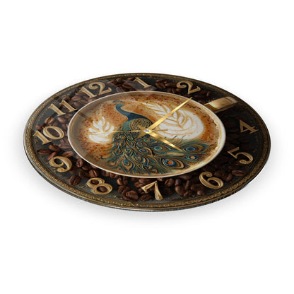 Kahve Çekirdekli Tavus Kuşu Cam Duvar Saati