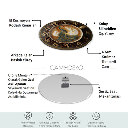 Kahve Çekirdekli Tavus Kuşu Cam Duvar Saati
