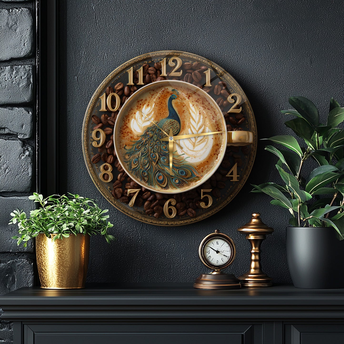 Kahve Çekirdekli Tavus Kuşu Cam Duvar Saati