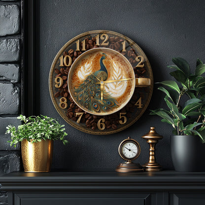 Kahve Çekirdekli Tavus Kuşu Cam Duvar Saati