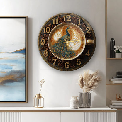 Kahve Çekirdekli Tavus Kuşu Cam Duvar Saati