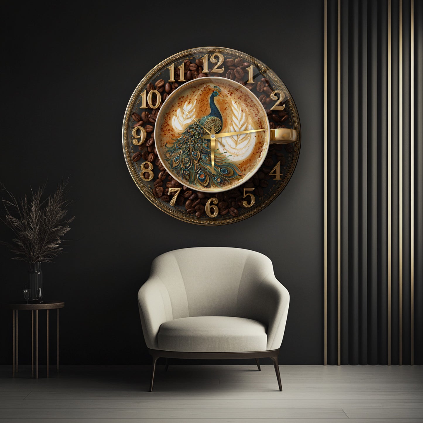 Kahve Çekirdekli Tavus Kuşu Cam Duvar Saati