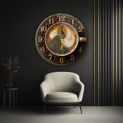 Kahve Çekirdekli Tavus Kuşu Cam Duvar Saati