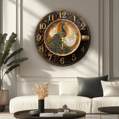 Kahve Çekirdekli Tavus Kuşu Cam Duvar Saati