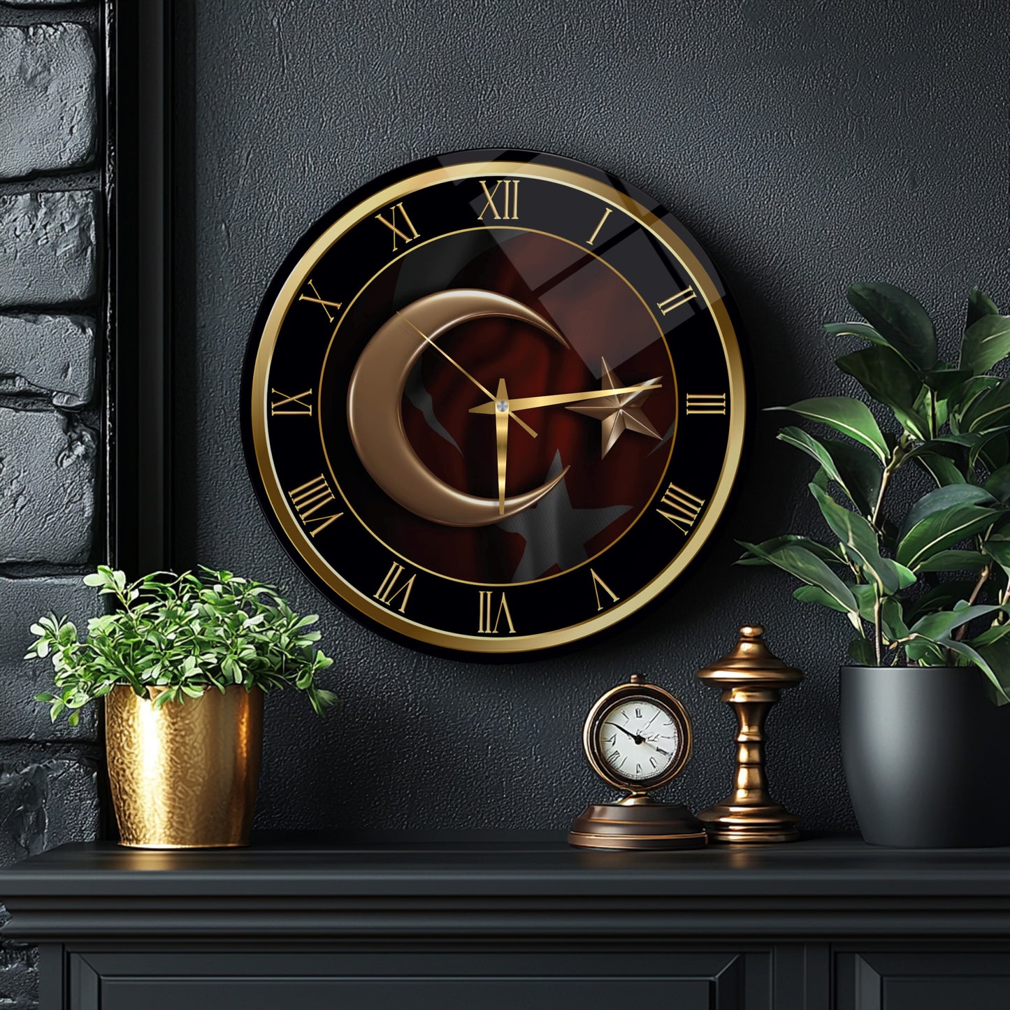 Gold Bayrak Cam Duvar Saati