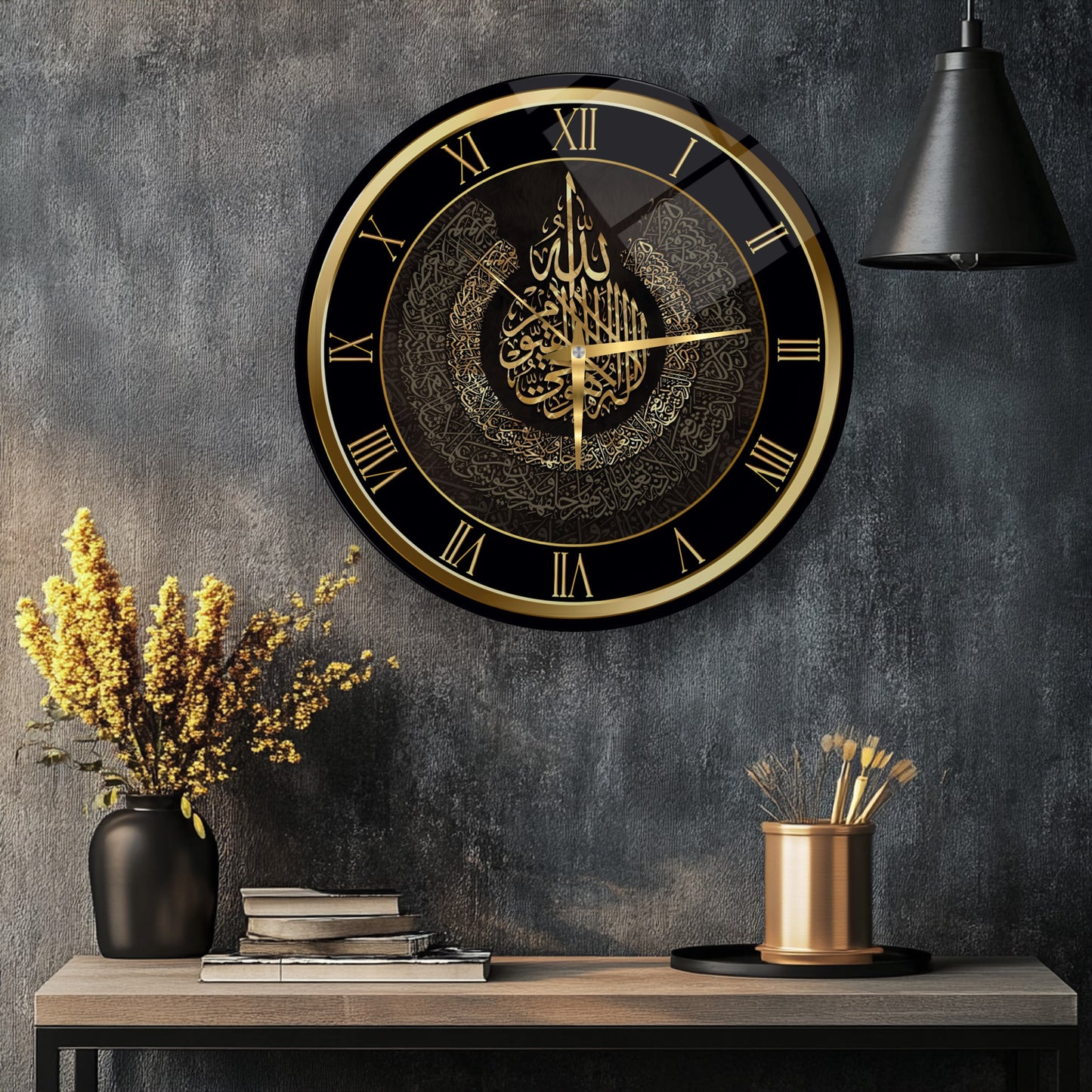 Gold Ayetel Kürsi Dini Cam Duvar Saati