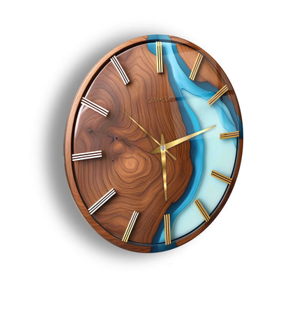 Minimal Ahşap Turkuaz Cam Duvar Saati