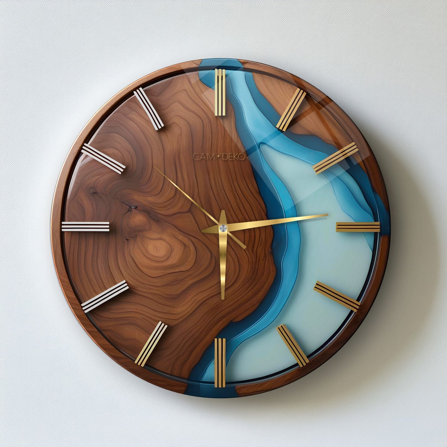 Minimal Ahşap Turkuaz Cam Duvar Saati