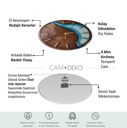 Minimal Ahşap Turkuaz Cam Duvar Saati