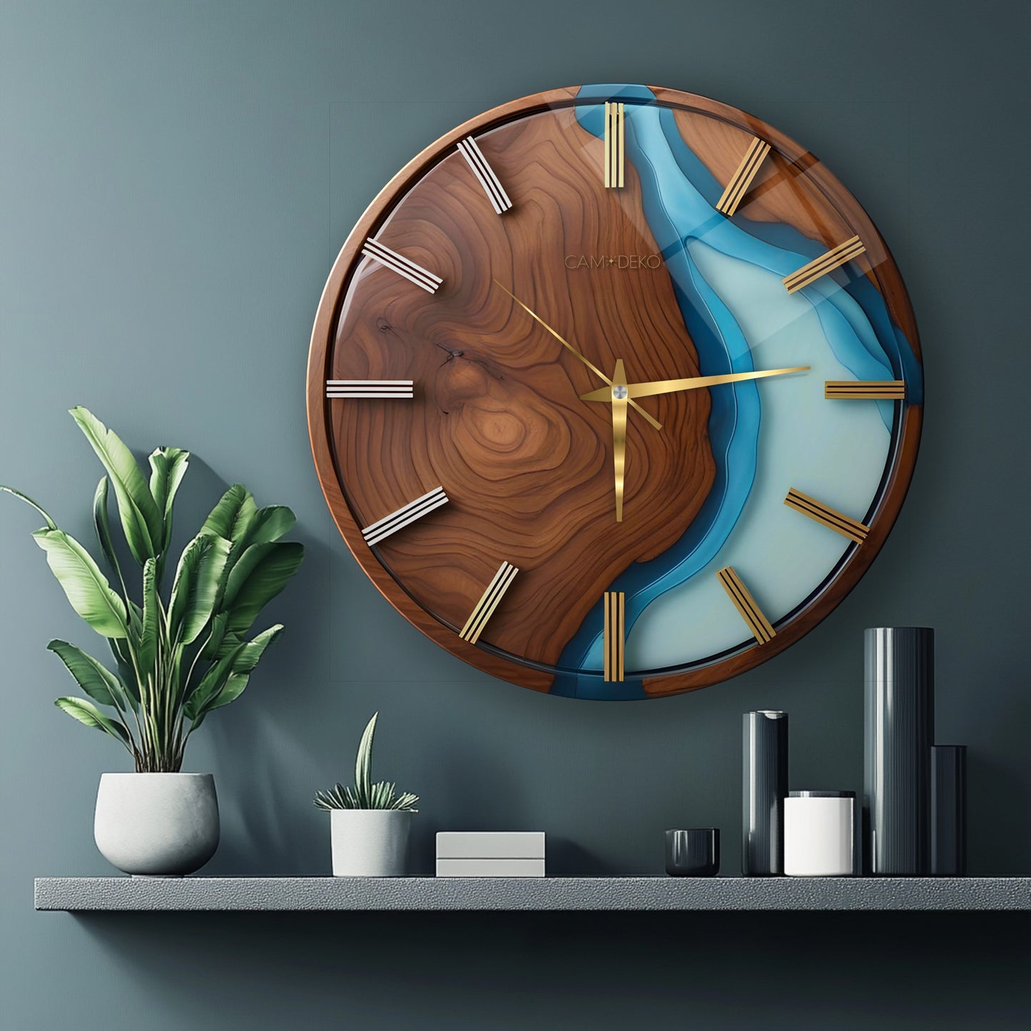 Minimal Ahşap Turkuaz Cam Duvar Saati