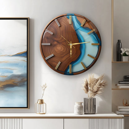 Minimal Ahşap Turkuaz Cam Duvar Saati