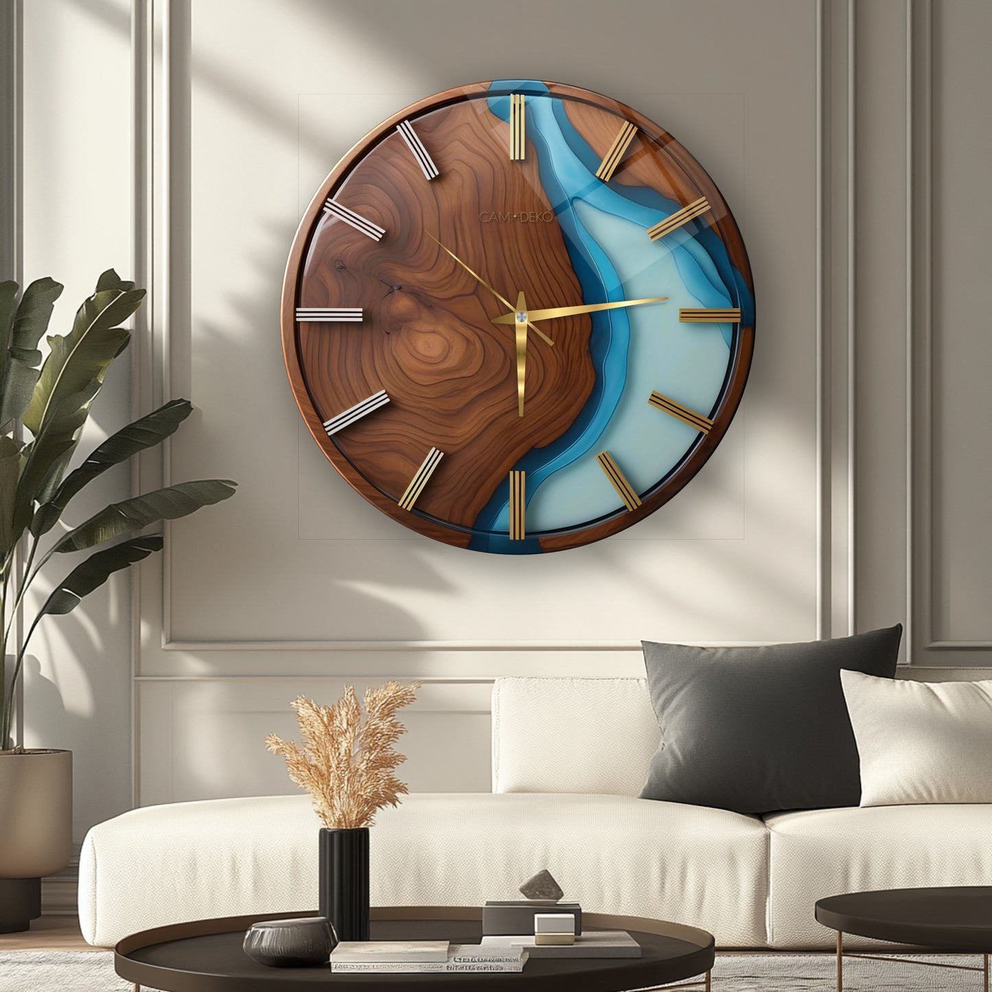 Minimal Ahşap Turkuaz Cam Duvar Saati