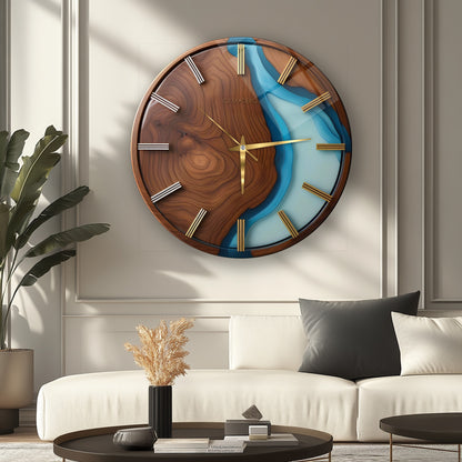 Minimal Ahşap Turkuaz Cam Duvar Saati