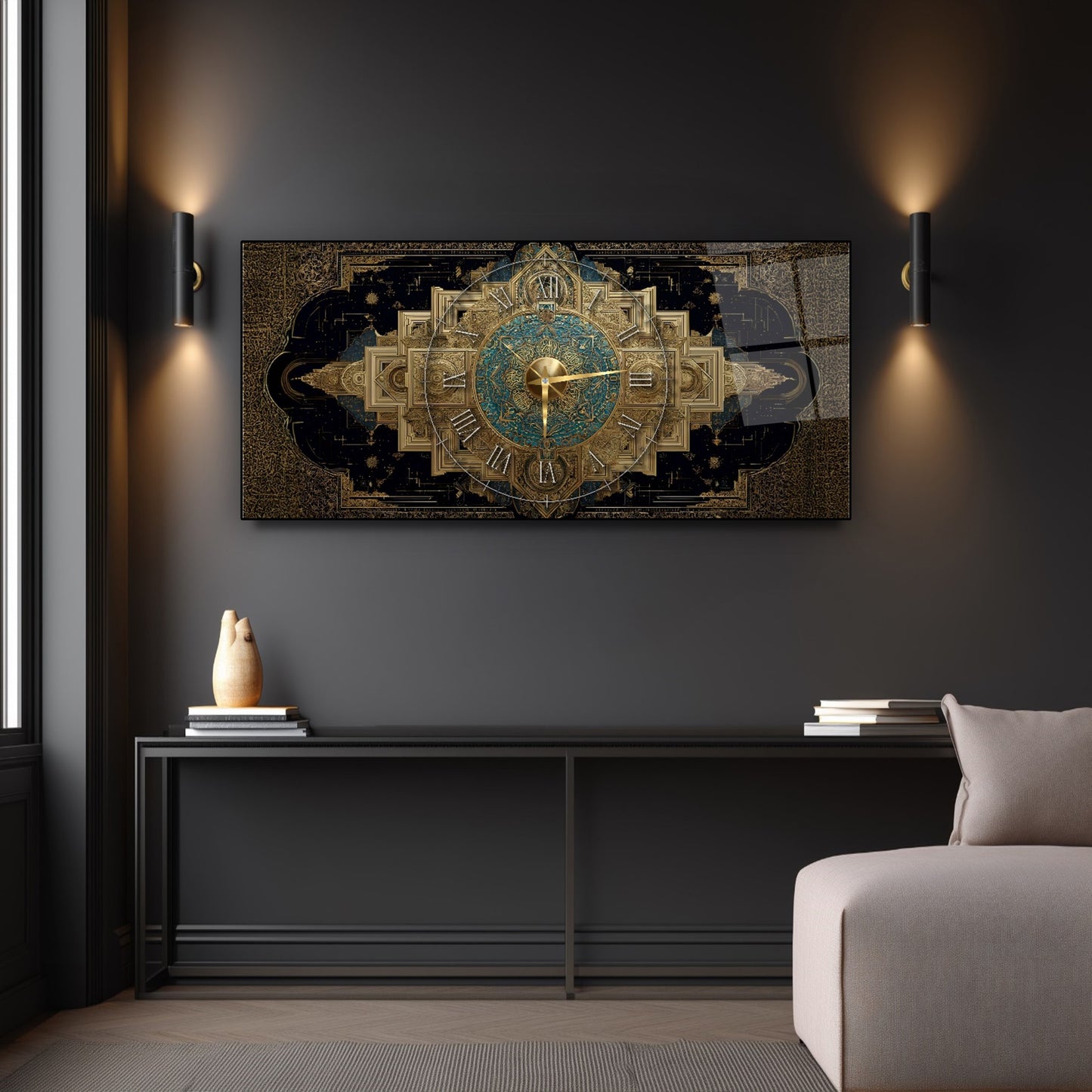 Soyut Gold Siyah Cam Duvar Saati