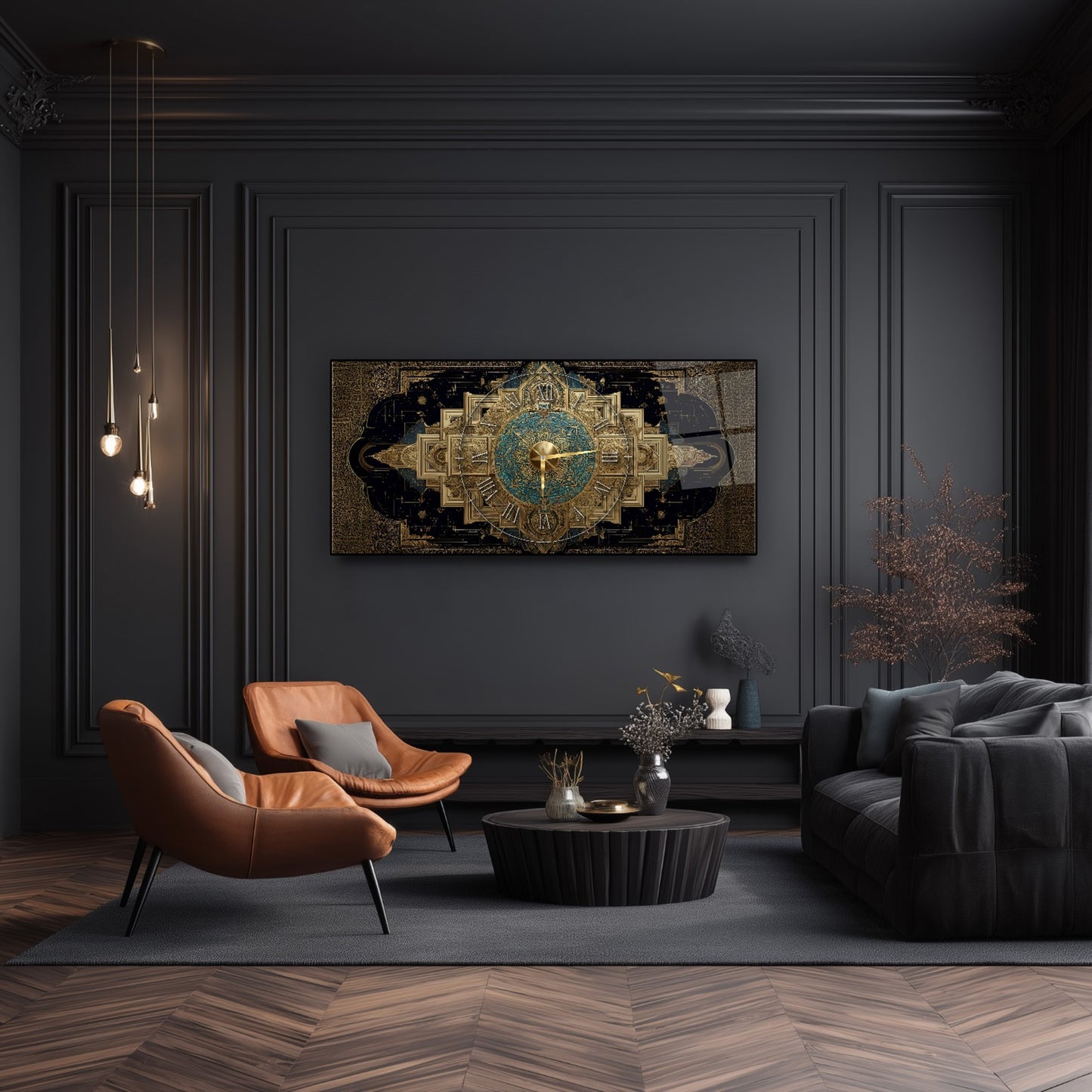 Soyut Gold Siyah Cam Duvar Saati