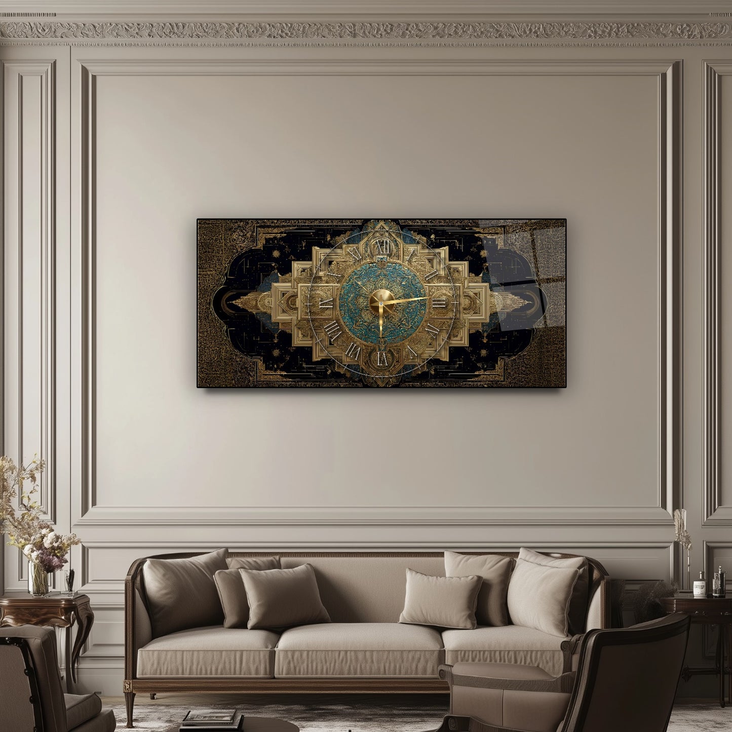 Soyut Gold Siyah Cam Duvar Saati