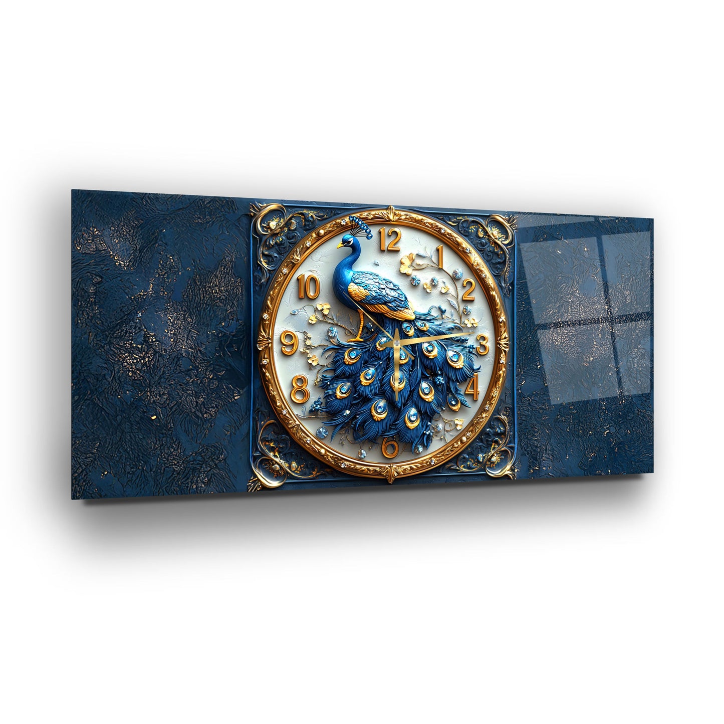 Mavi Tavus Kuşu Cam Duvar Saati