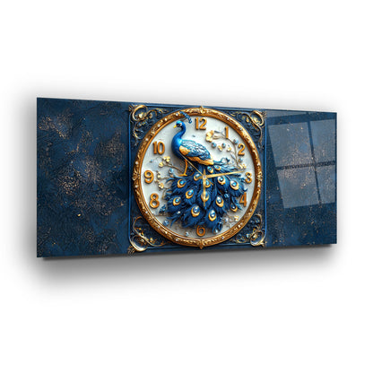 Mavi Tavus Kuşu Cam Duvar Saati