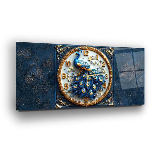 Mavi Tavus Kuşu Cam Duvar Saati