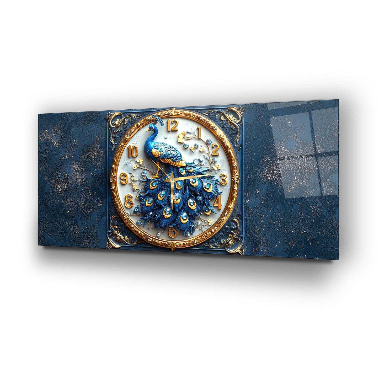 Mavi Tavus Kuşu Cam Duvar Saati