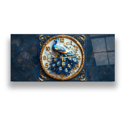 Mavi Tavus Kuşu Cam Duvar Saati