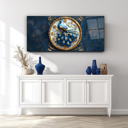 Mavi Tavus Kuşu Cam Duvar Saati