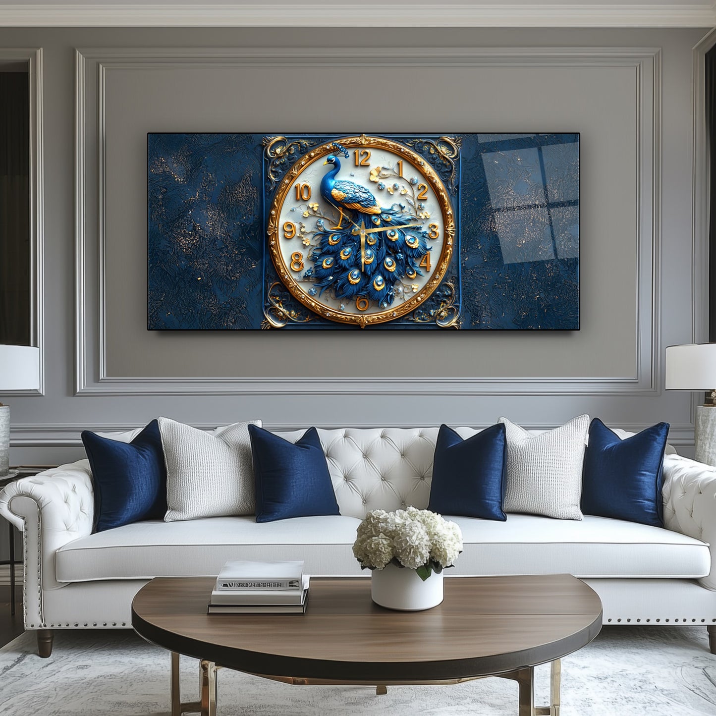 Mavi Tavus Kuşu Cam Duvar Saati