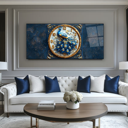 Mavi Tavus Kuşu Cam Duvar Saati