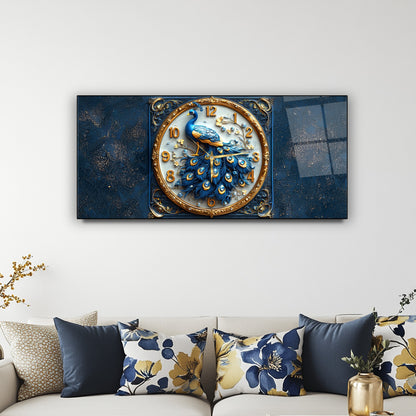 Mavi Tavus Kuşu Cam Duvar Saati