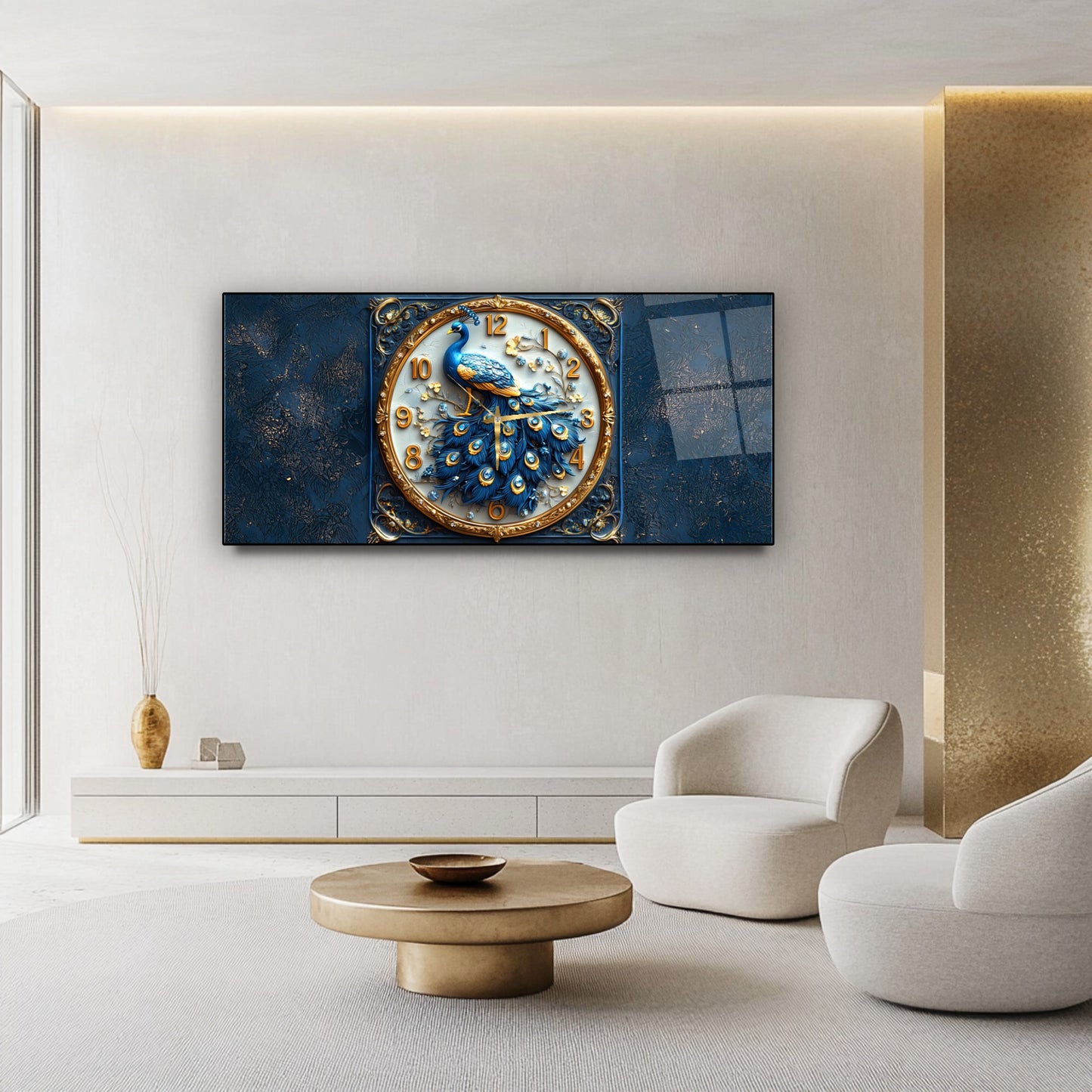 Mavi Tavus Kuşu Cam Duvar Saati