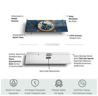 Mavi Tavus Kuşu Cam Duvar Saati