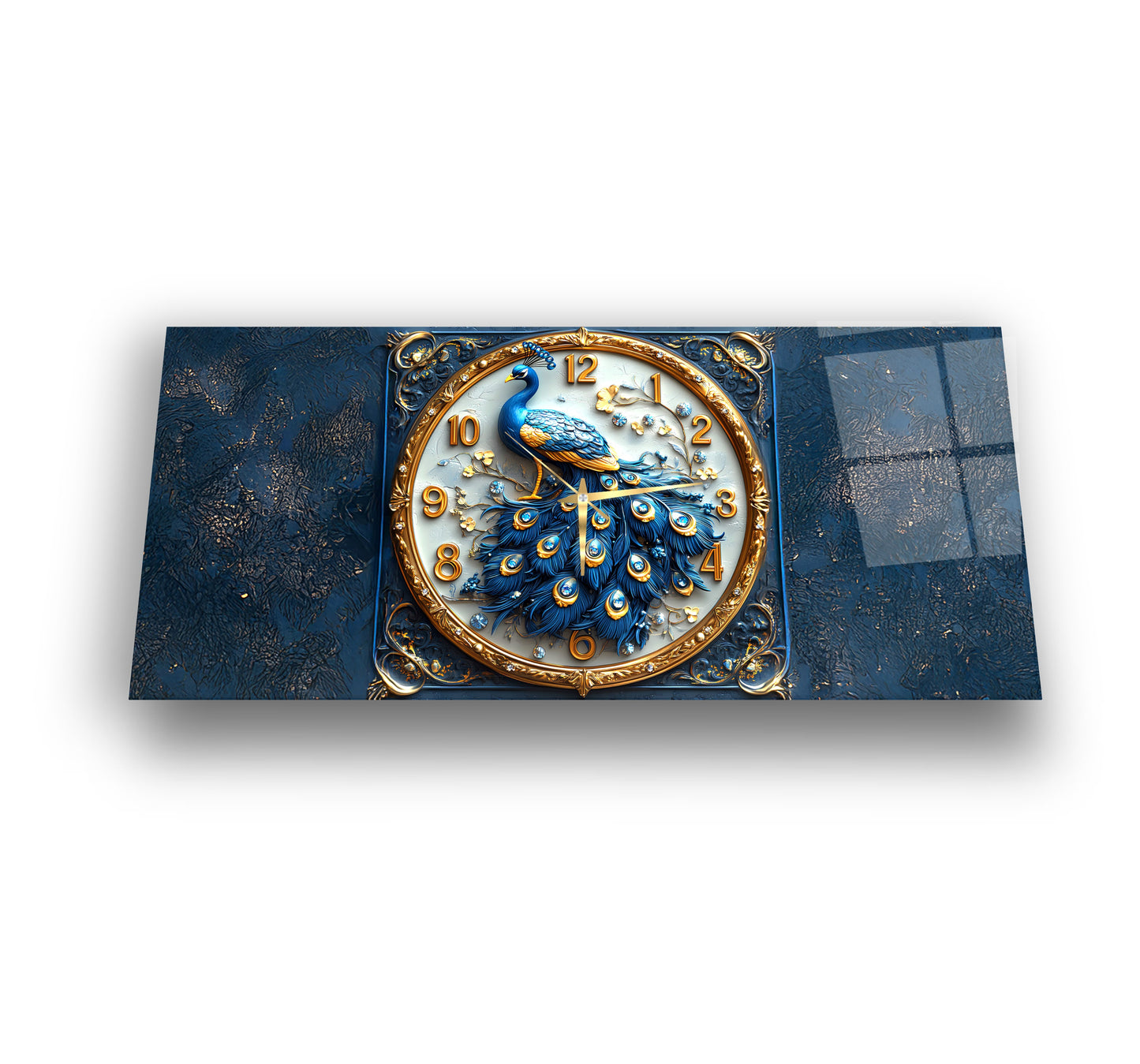 Mavi Tavus Kuşu Cam Duvar Saati